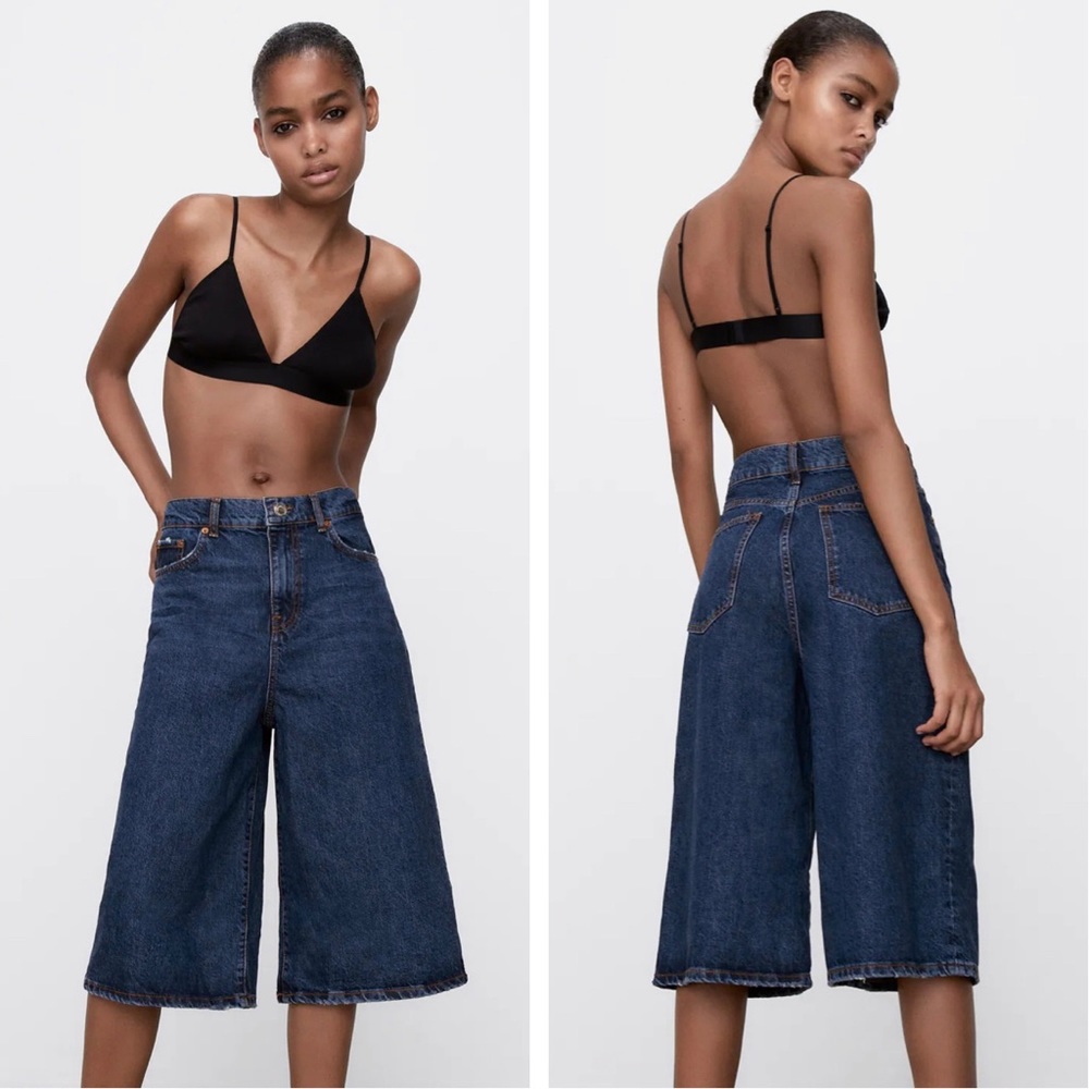 “NEW” Zara Harmony Black 70’s Wide Leg Bermuda Denim Jean Shorts Size 2